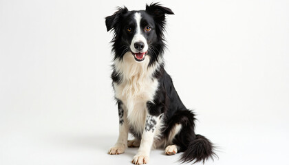 Seated Black and White Border Collie Dog on White Background