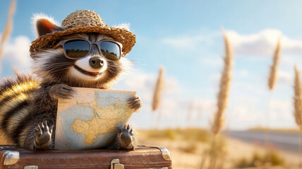 A cheerful raccoon wearing a sunhat and sunglasses sits on a vintage suitcase, holding a map with a soft gradient sky and distant road background