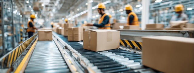 Naklejka premium Packaging operations at a distribution center in the afternoon with workers and cardboard boxes on a conveyor belt