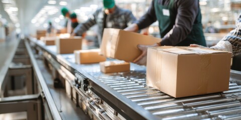 Workers efficiently packaging boxes on an assembly line in a warehouse during daylight hours