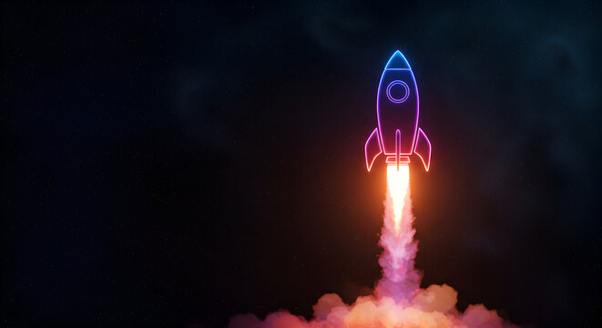 A vibrant, stylized rocket icon launches into a dark night sky, emitting colorful flames and smoke.