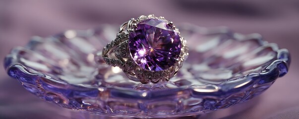 Luxury gemstone ring on textured lavender velvet and glass display plate