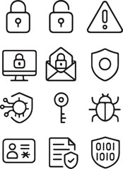 Collection of cybersecurity and data protection icons including locks shields computer email warning sign key bug and digital identity symbols