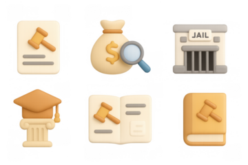 Legal and financial icons set: book, hammer, jail, and money bag