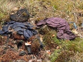 Discarded Clothing and Personal Items Left on Forest Floor in a Natural Area During Autumn Season