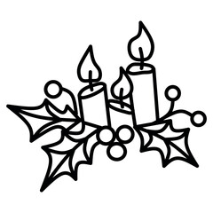 Festive outline of candles with holly leaves and berries. Minimal black line Christmas doodle, ideal for holiday cards, invitations, decorations, tags, and seasonal design projects.