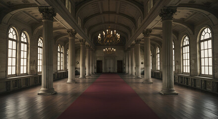 Empty grand hall with ornate columns and large arched windows. Majestic interior with aged grandeur, showcasing a red carpet and antique chandeliers.