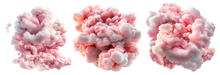 Collection of pink cotton candy fluffy texture isolated on white background

