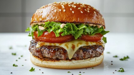 Artisan smashed burger caramelized patty golden cheese fresh lettuce tomatoes sesame seed bun gourmet fast food styling