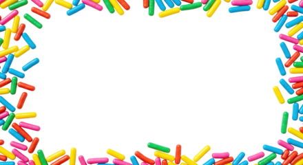 Vibrant multi-colored elongated jimmie sprinkles scattered playfully on a pristine transparent background with soft studio lighting and ample copy space, a concept of sweet celebration