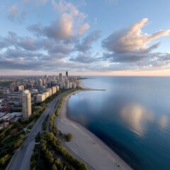 Urban Lakeside Panorama: A mesmerizing aerial view showcasing a bustling urban landscape embracing the tranquil shores of a vast lake, the sky above painted with soft clouds and dappled light.