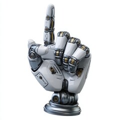 Robotic hand pointing index finger up on white background