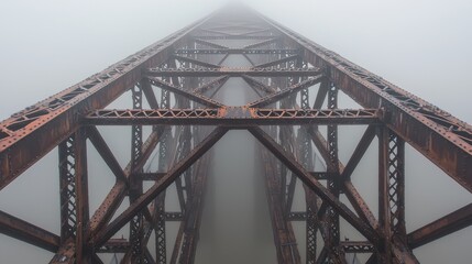 Obraz premium Foggy bridge atmosphere vintage steel railroad bridge captured from above through dense mist showing riveted construction lattice patterns