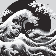 A black and white painting of a wave crashing on a shore