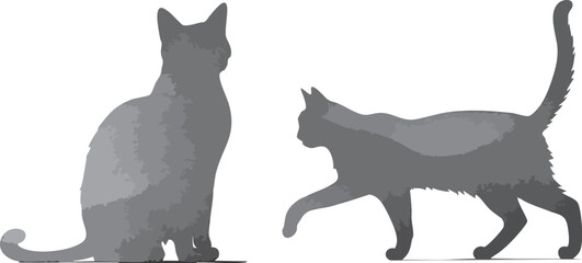 Two cats are shown in silhouette, one sitting and the other walking