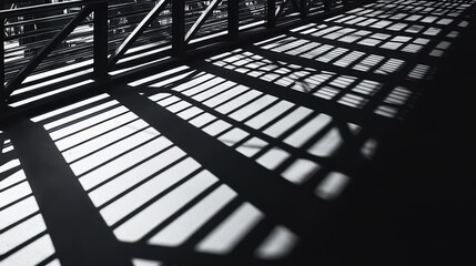 Bridge shadow patterns reveal complex architectural geometry with overlapping steel beams creating rhythmic light and shadow compositions