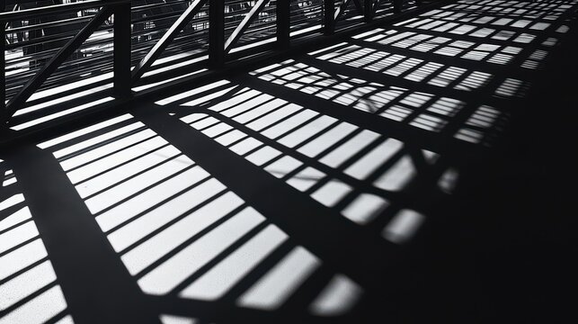 Bridge shadow patterns reveal complex architectural geometry with overlapping steel beams creating rhythmic light and shadow compositions