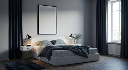 Modern bedroom interior with neutral tones, featuring a comfortable bed with gray bedding and dark gray drapes, showcasing a calm and inviting atmosphere.