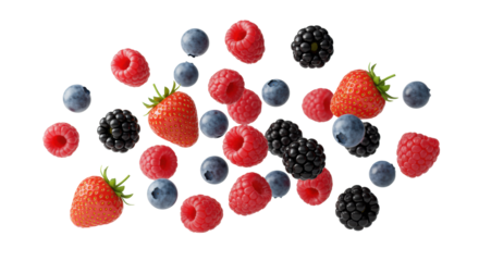 Pristine, ripe mixed berries (strawberries, blueberries, raspberries, blackberries) suspended in mid-air against a transparent studio background, concept of natural health and vitality