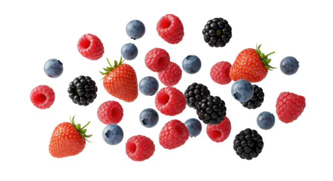 Pristine, ripe mixed berries (strawberries, blueberries, raspberries, blackberries) suspended in mid-air against a transparent studio background, concept of natural health and vitality