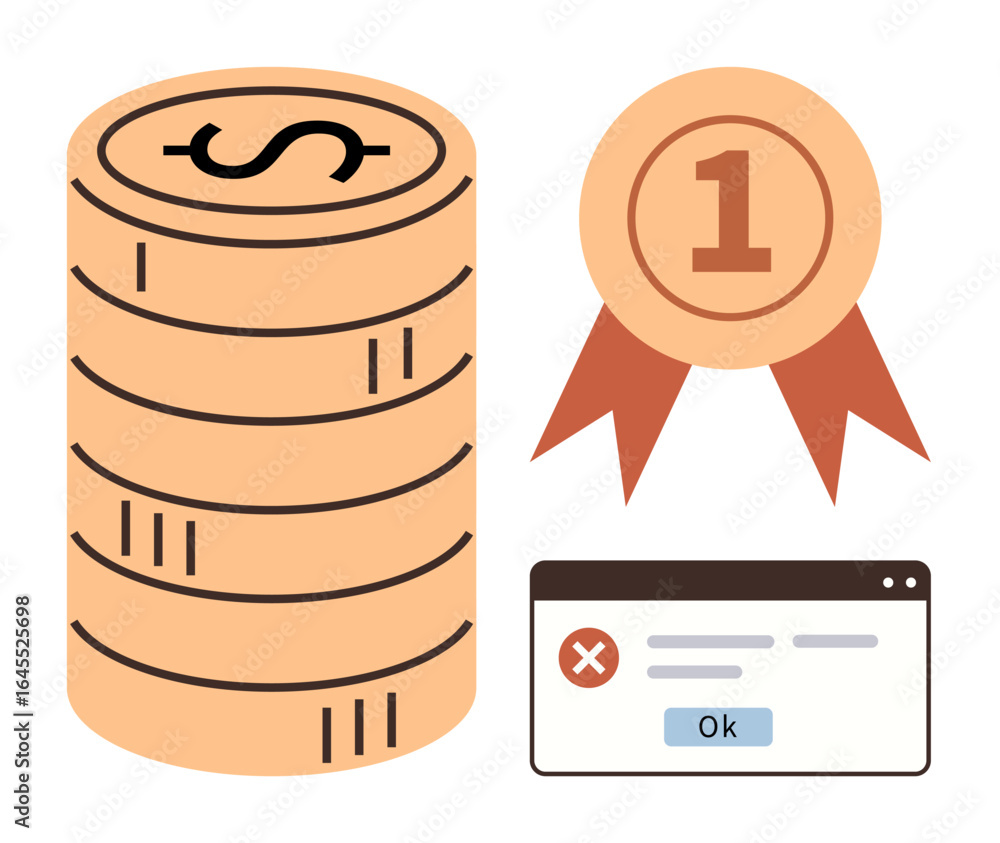 Poster stack of coins with dollar sign, ribbon badge marked 1, and error notification in a browser window. 
