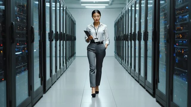 A professional woman in formal attire walks confidently through a high-tech server room. The corridor is lined with tall racks of servers on both sides, glowing with LED indicators, representing data 