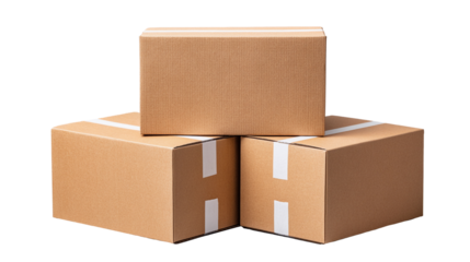 Cardboard boxes stacked on a light background, displaying shipping and storage items for delivery and organization