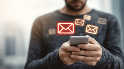 Man texting on smartphone with email notifications in urban setting during daytime