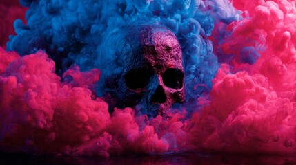 Creepy skull emerging from thick swirling smoke in dark background, high contrast horror scene with ghostly mist, spooky death and fear concept for mystery, Halloween, and eerie atmosphere visuals
