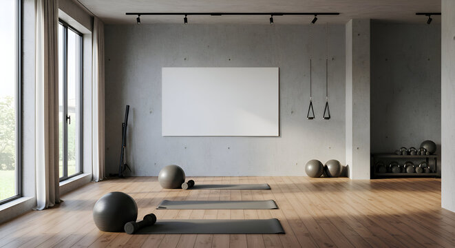 Modern fitness studio interior with empty blank wall for advertisement. Empty studio space with exercise equipment and yoga mats. Fitness center. interior shot.