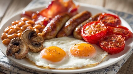 Traditional English breakfast with fried eggs, sausages, bacon, baked beans, grilled tomatoes, and mushrooms on a white plate