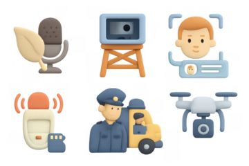 3d cartoon style icons: media, technology, and security elements