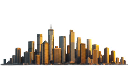 Pristine modern city skyline with distinct glass and steel skyscrapers, glowing in golden hour light, isolated on a transparent background with copy space, concept of urban development and future