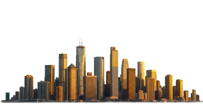 Pristine modern city skyline with distinct glass and steel skyscrapers, glowing in golden hour light, isolated on a transparent background with copy space, concept of urban development and future