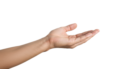 Well-groomed adult human hand, neutral skin tone, extended palm up in open, welcoming gesture, on transparent studio background with soft high-key light. Concept of trust and collaboration