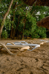 strawy wooden umbrellas and row plastic daybeds on sandy beach
