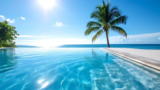 A serene, sunny tropical scene. An infinity pool reflects blue sky, facing the ocean with a palm tree and lush foliage
