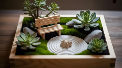 Miniature Zen Garden with Succulents and Bench Keywords: miniature zen garden, desk garden