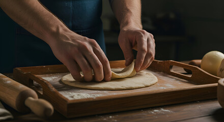 A close-up of a male baker expertly manipulating dough showcases techniques and a professional approach to baking, suitable for use in food advertising or cooking articles.