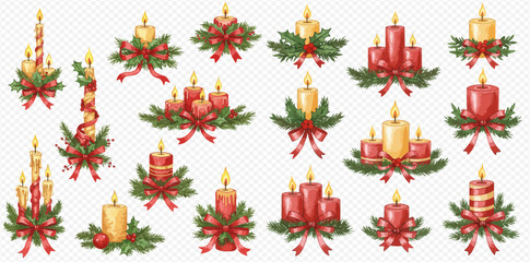 A festive collection of illustrated Christmas candles in red and gold, adorned with pine branches, red ribbons, and bows.