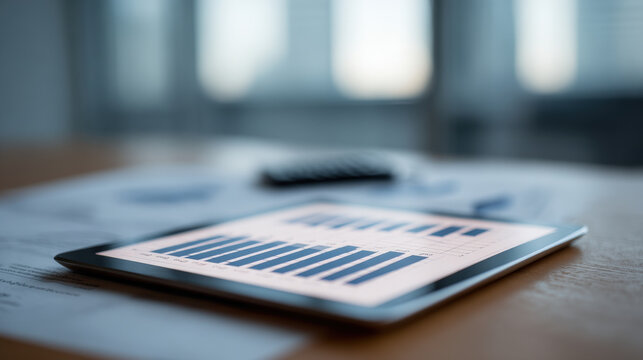 tablet displaying budget plan with ar numerical data and blurred white text bars situated against clean monochrome