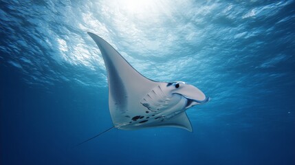Oceanic Manta Ray gliding underwater in blue ocean. Gentle giant with wide pectoral fins and white belly markings. Marine wildlife scene of filter-feeding fish in open water habitat