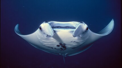Oceanic Manta Ray gliding underwater in blue ocean. Gentle giant with wide pectoral fins and white belly markings. Marine wildlife scene of filter-feeding fish in open water habitat