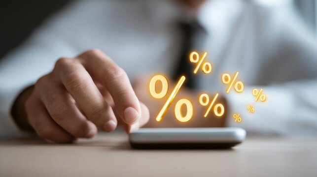 Hand engaging with smartphone displaying percentage symbols in a modern office setting during the daytime