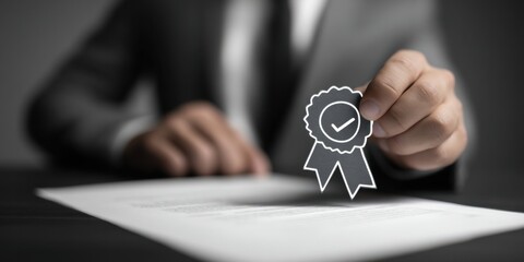 Business professional presenting a certificate with a checkmark symbol while seated at a desk