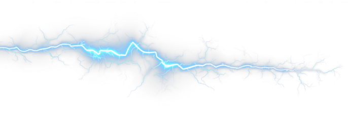 Bright blue lightning bolt with electric sparks and glowing energy PNG effect on a transparent background. Perfect for use in digital art, graphic design, animations, games
