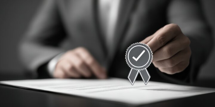 Professional in suit holding a certification document with a seal in a modern office setting