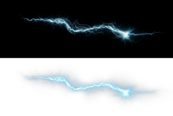 Bright blue lightning bolt with electric sparks and glowing energy PNG effect on a transparent background. Perfect for use in digital art, graphic design, animations, games