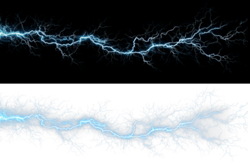 Bright blue lightning bolt with electric sparks and glowing energy PNG effect on a transparent background. Perfect for use in digital art, graphic design, animations, games