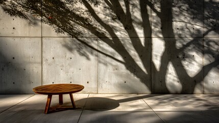 Wooden table cast in shadow by a tree against a concrete wall.